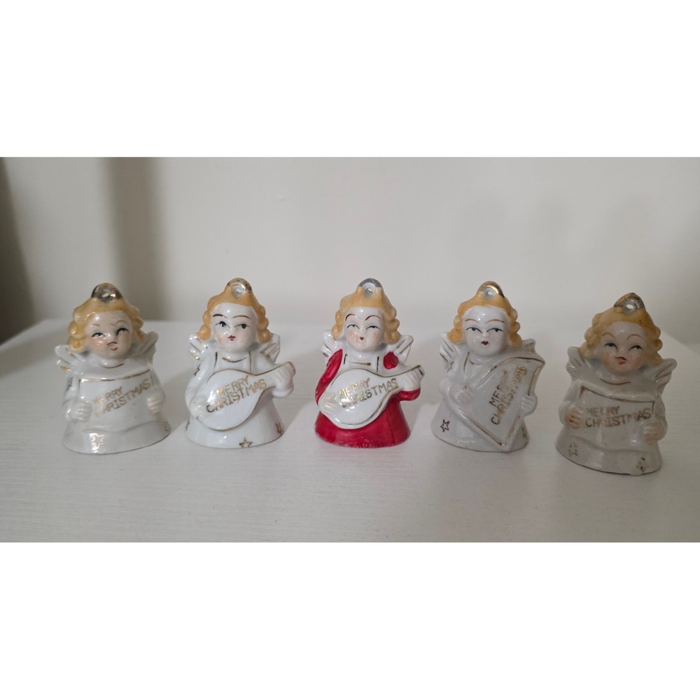 5 Vintage Angel Bells Christmas Ornaments 50s MCM Retro Collectible Made Japan